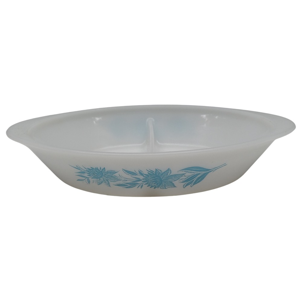 VTG‎ McKee GLASBAKE - #J2352 DIVIDED DISH - 12" CASSEROLE SERVER - BLUE FLOWERS